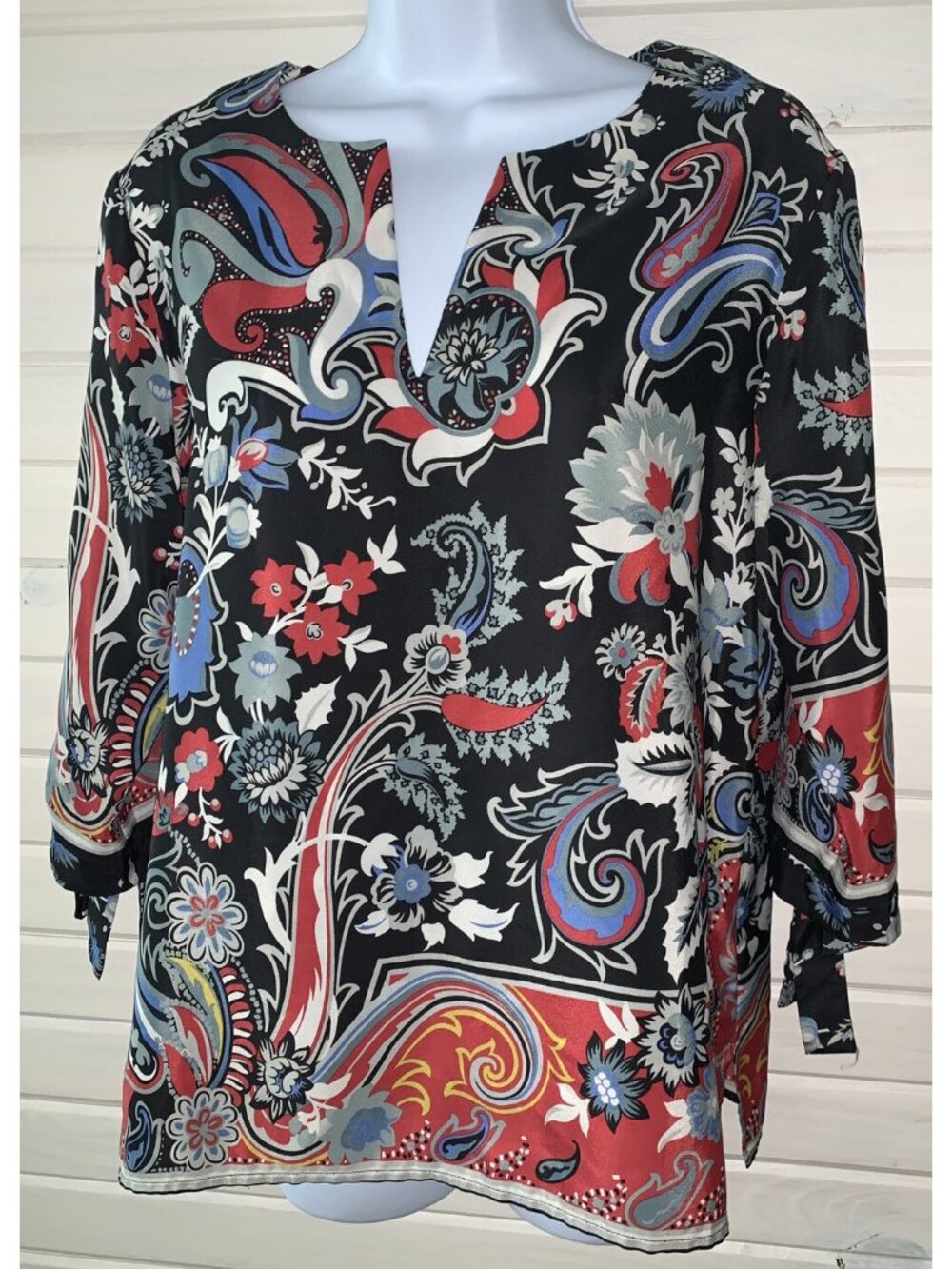 Catherine Malandrino Sz LARGE Floral Scarf Print Boho 3/4 Tie Sleeve Tunic EUC